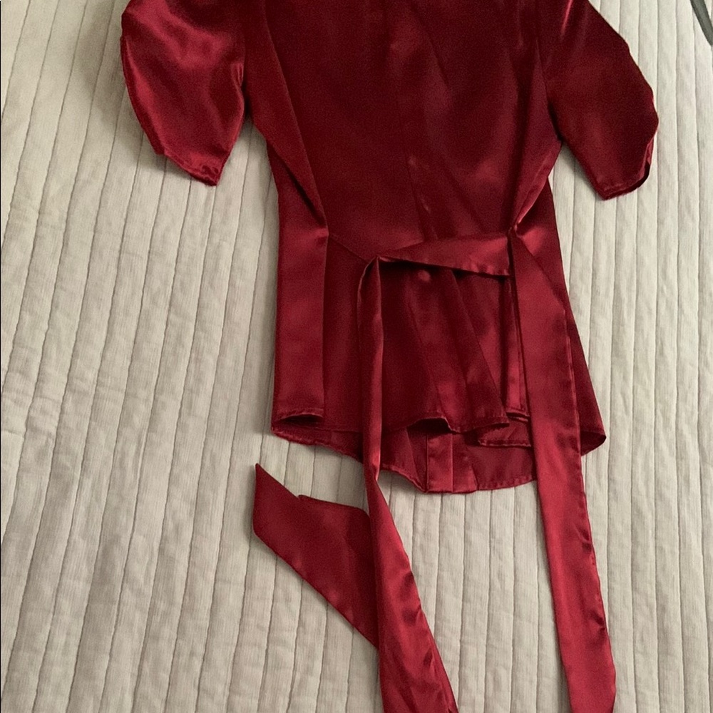 Satin Red Rhinestone Collared Button-Up Blouse - Picture 6 of 6